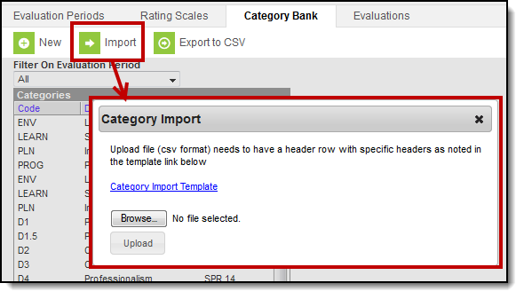 Screenshot of the Category Import window when browsing for a category import template.