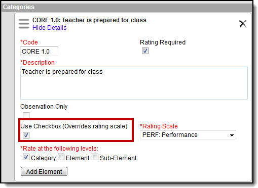 Screenshot of  Use Checkbox (Overrides rating scale)