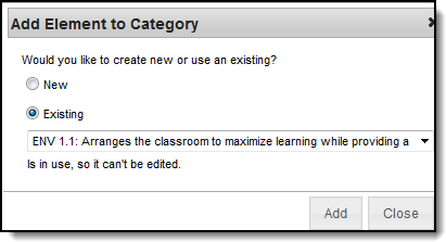 Screenshot when adding an existing element to a category.