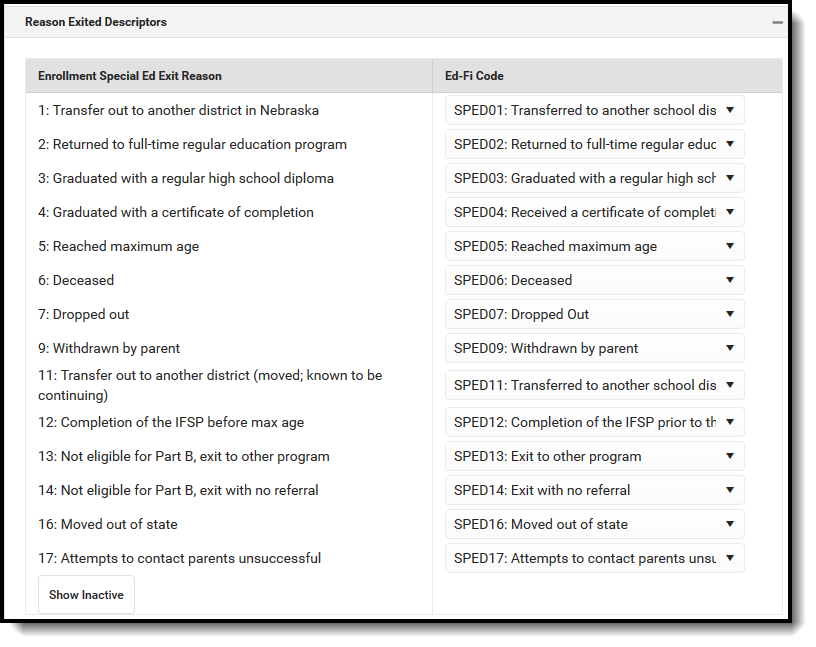 Screenshot of NE Enrollment Special Ed Exit Reason Descriptors.