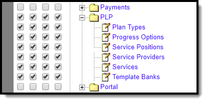 Screenshot of the System Administration PLP tool rights.