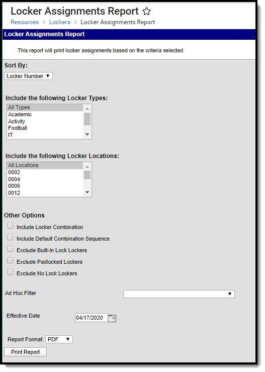 Screenshot of Locker Assignments Report tool.