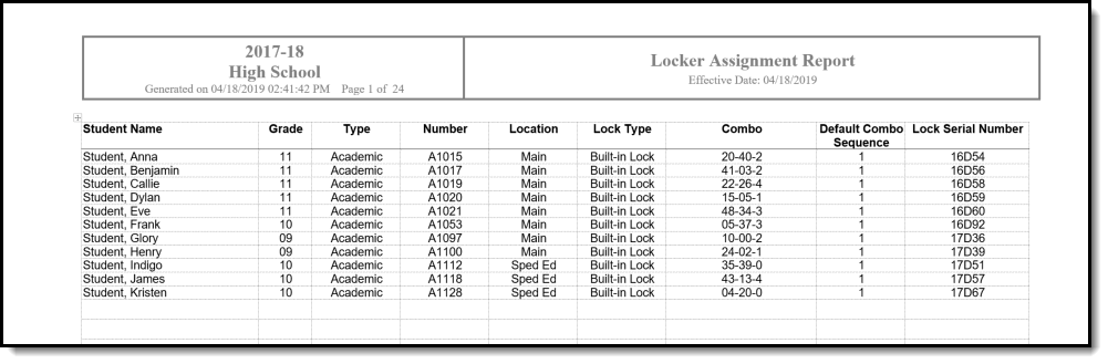 Screenshot of Locker Assignment Report output in DOCX.