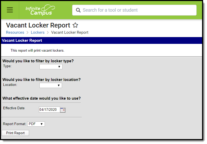 Screenshot of Vacant Locker Report tool.