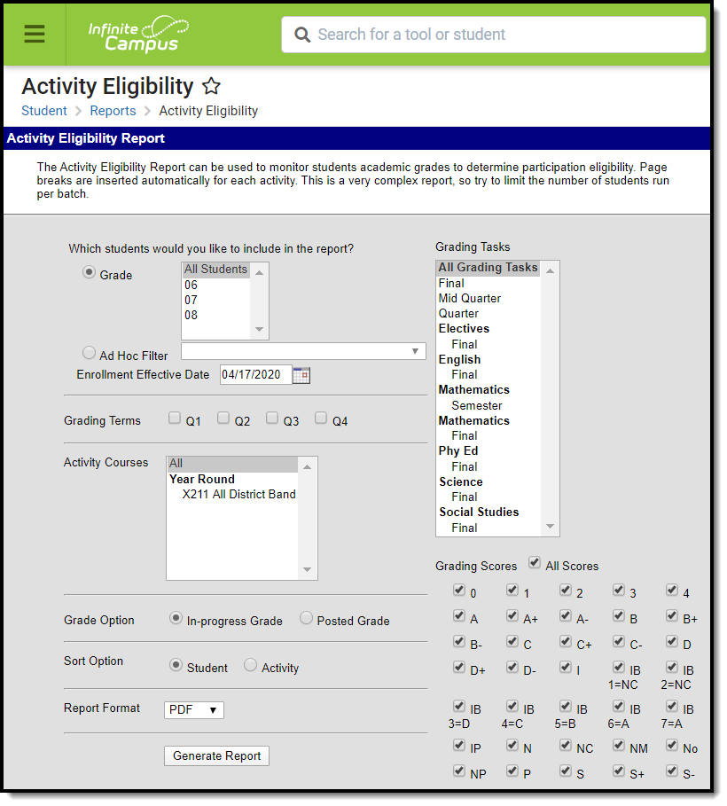 Screenshot of the Activity Eligibility Report, located at Student Information, Reports. 