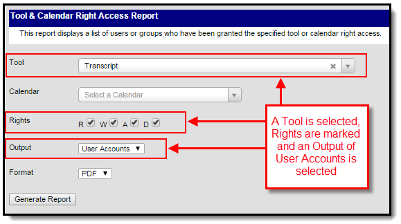 Screenshot of tool settings options to view users with specific rights.