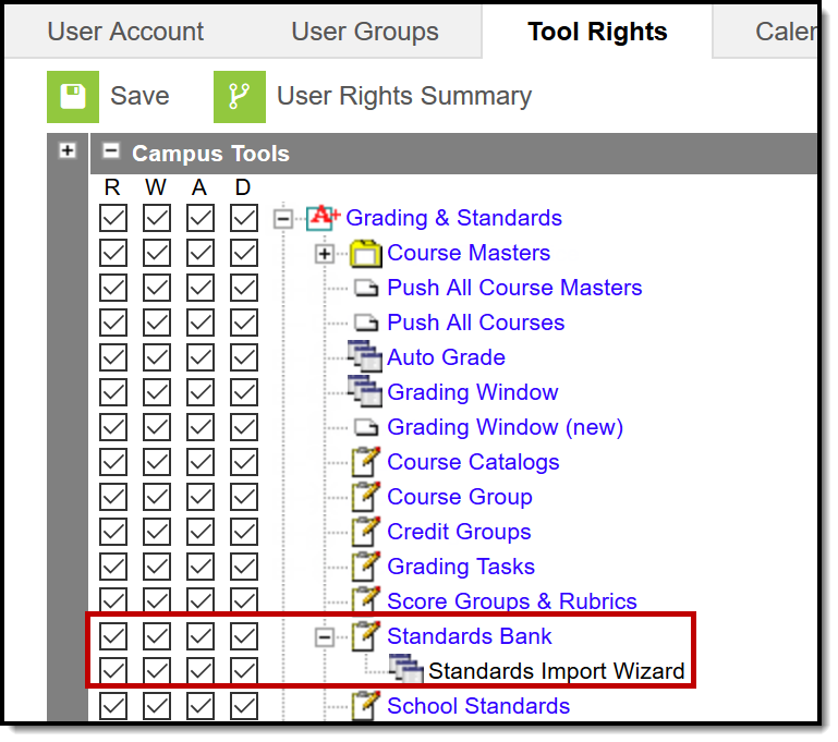 Screenshot highlighting the Standards Import Wizard tool right needed to use this tool.  