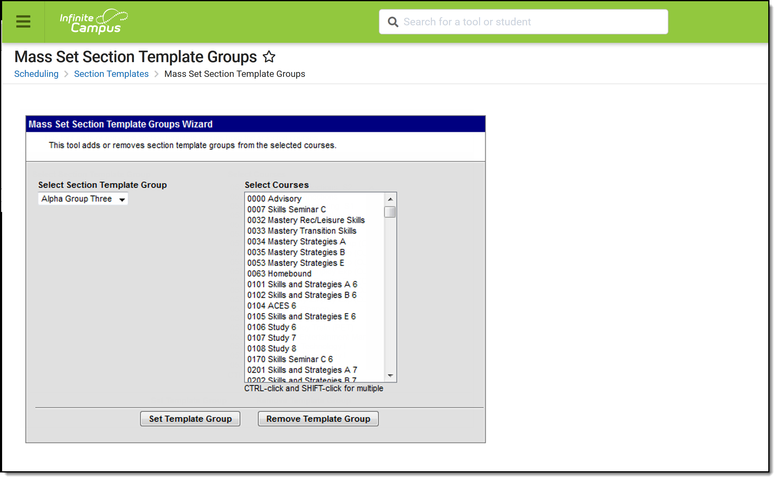 Screenshot of Mass Set Section Template Groups.