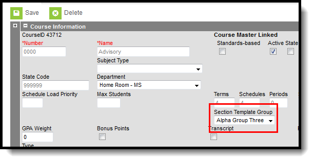 Screenshot of the Course Verification of Section Template.
