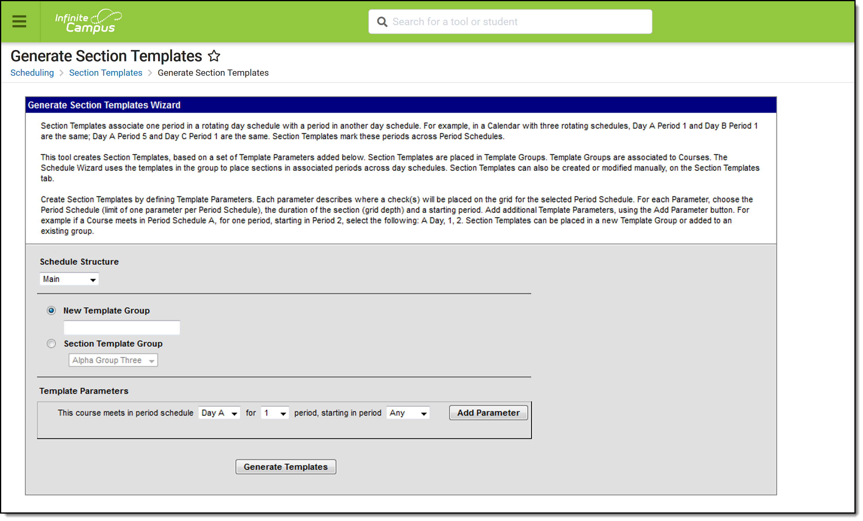 Screenshot of the Generate Section Templates tool. 