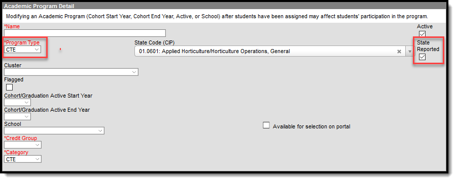 Screenshot of Academic Program Detail Editor.