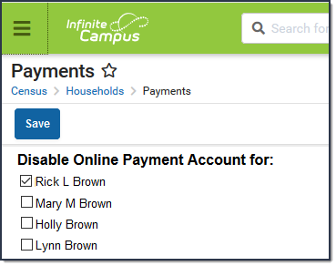 Screenshot of the Payments tool. The names of household members are displayed.