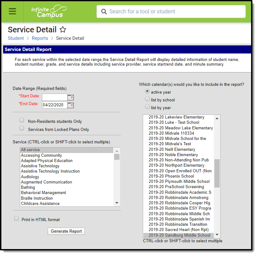 Screenshot of the Service Detail tool.