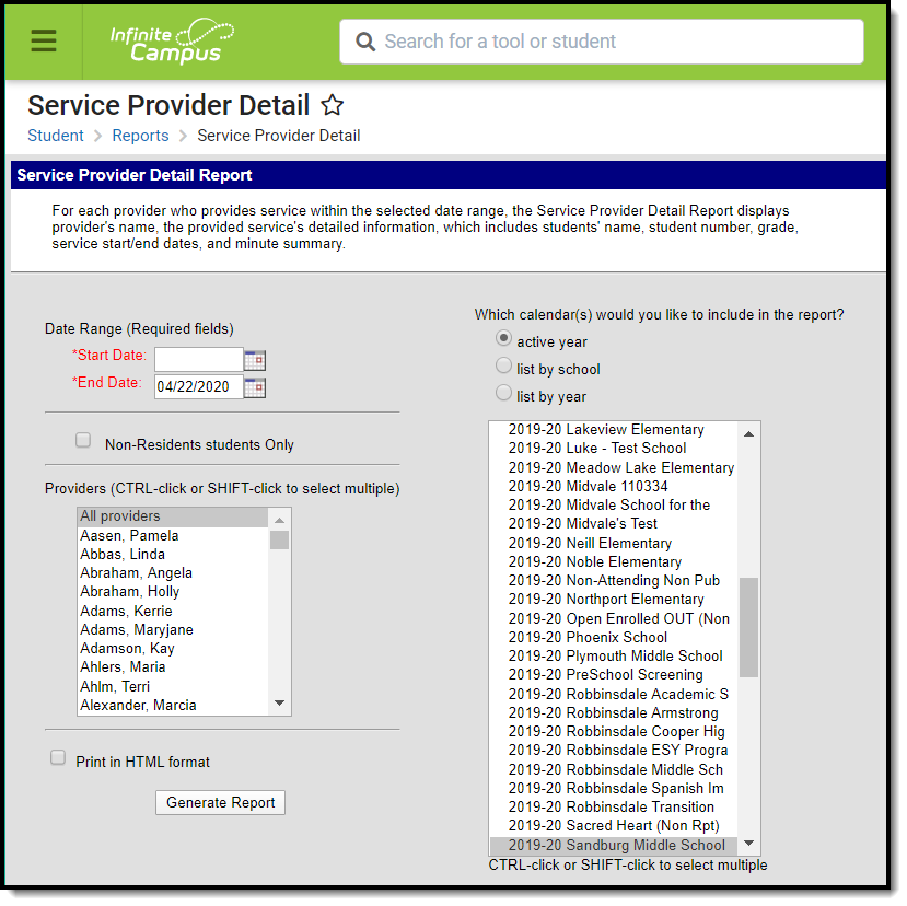 Screenshot of the Service Provider Detail tool.