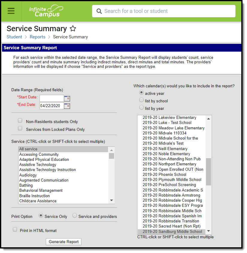Screenshot of the Service Summary tool.