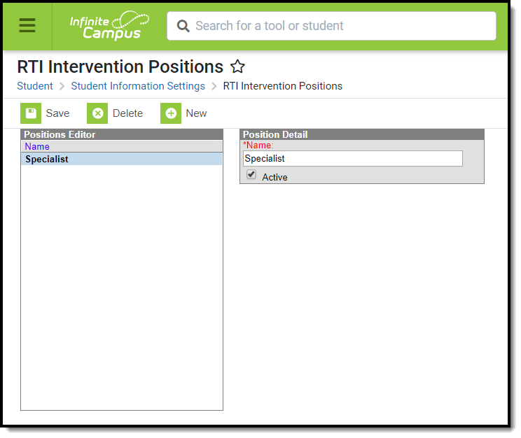 Screenshot of the RTI Intervention Positions tool.