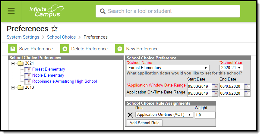 Screenshot of the School Choice Preferences tool.