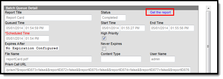 screenshot of downloading a completed report by clicking the Get the Report hyperlink.