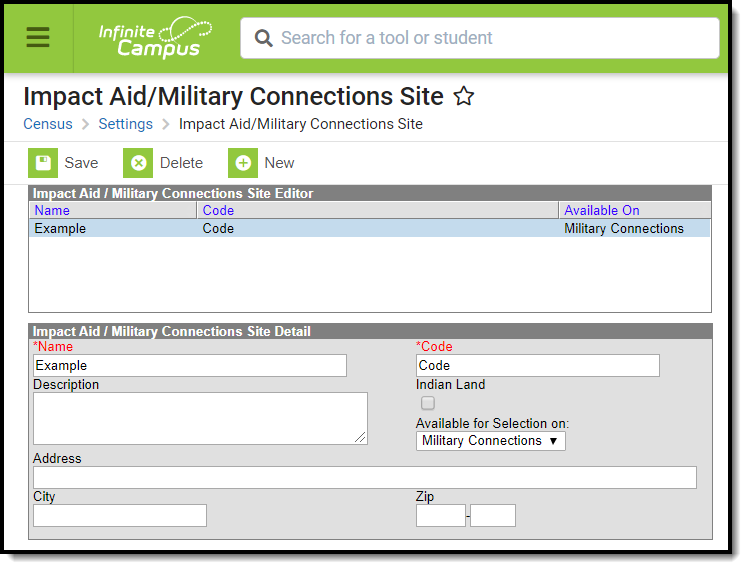 Screenshot of the Impact Aid/Military Connections Site Editor. 