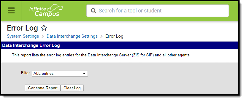 Screenshot of the Error Log tool.