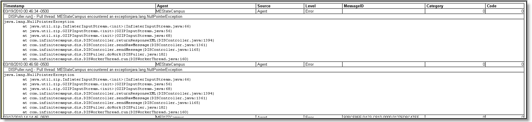 Screenshot of a sample error log.