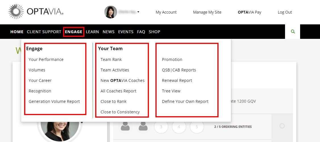 Connect navigation menu - select the Engage tab to view reports any reports that relate to your personal performance and those that relate to your teams performance. 