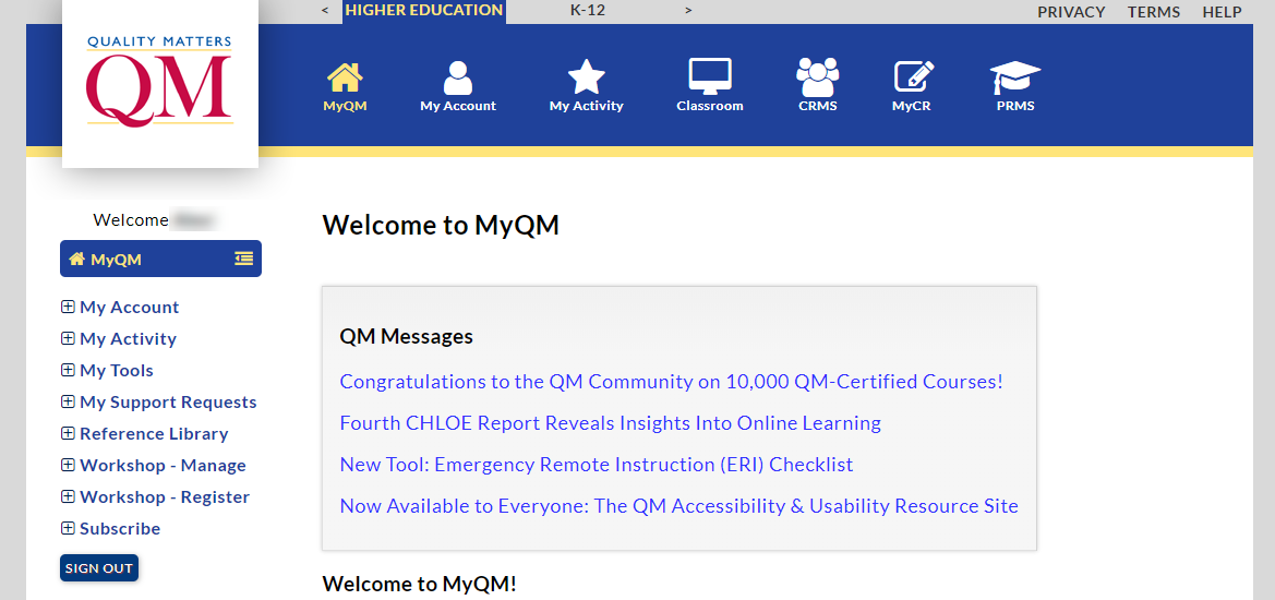 Shows myQM Home Page