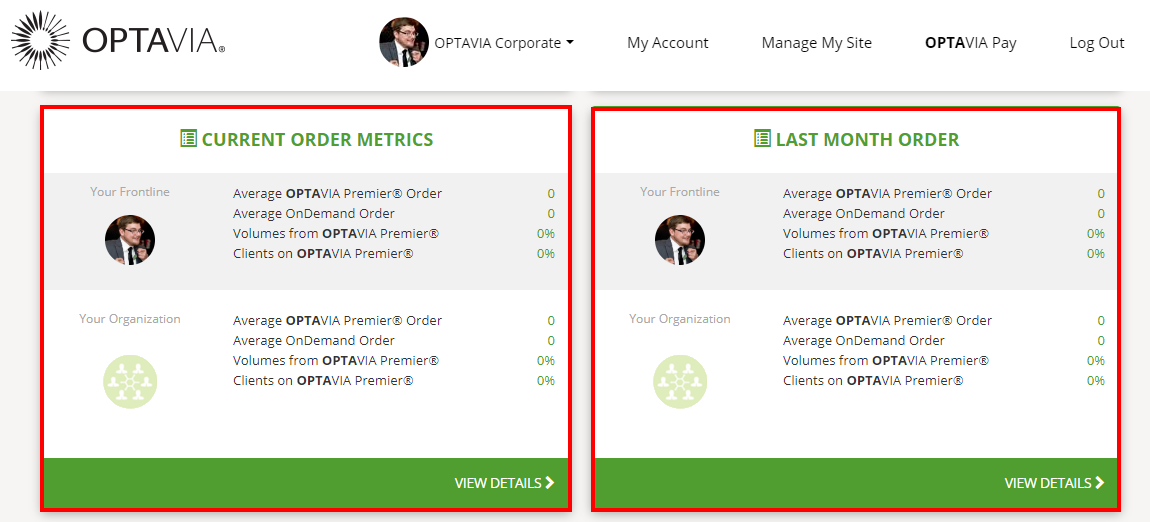 Client Dashboard - Current Order Metrics snapshot and Last Month order Snapshot.
