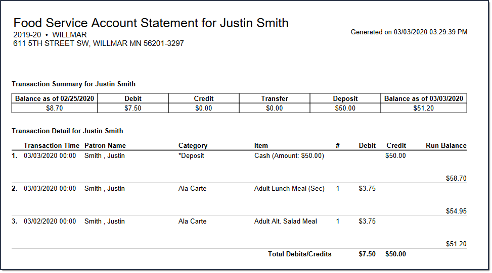 Screenshot of the Food Service Account Statement