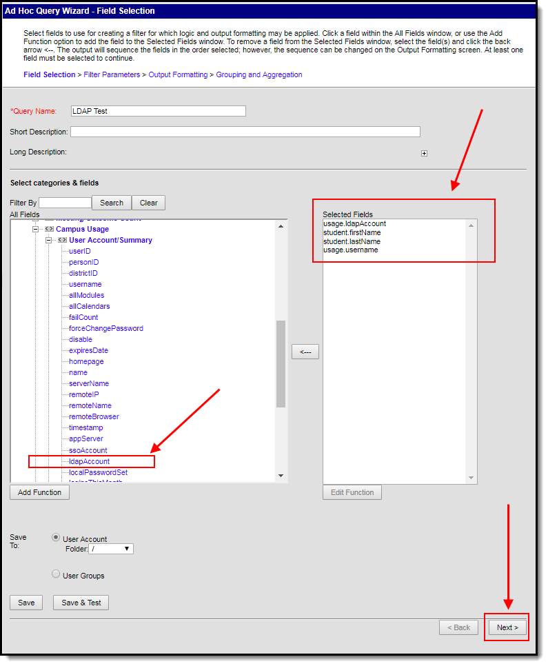 screenshot of selecting filter fields