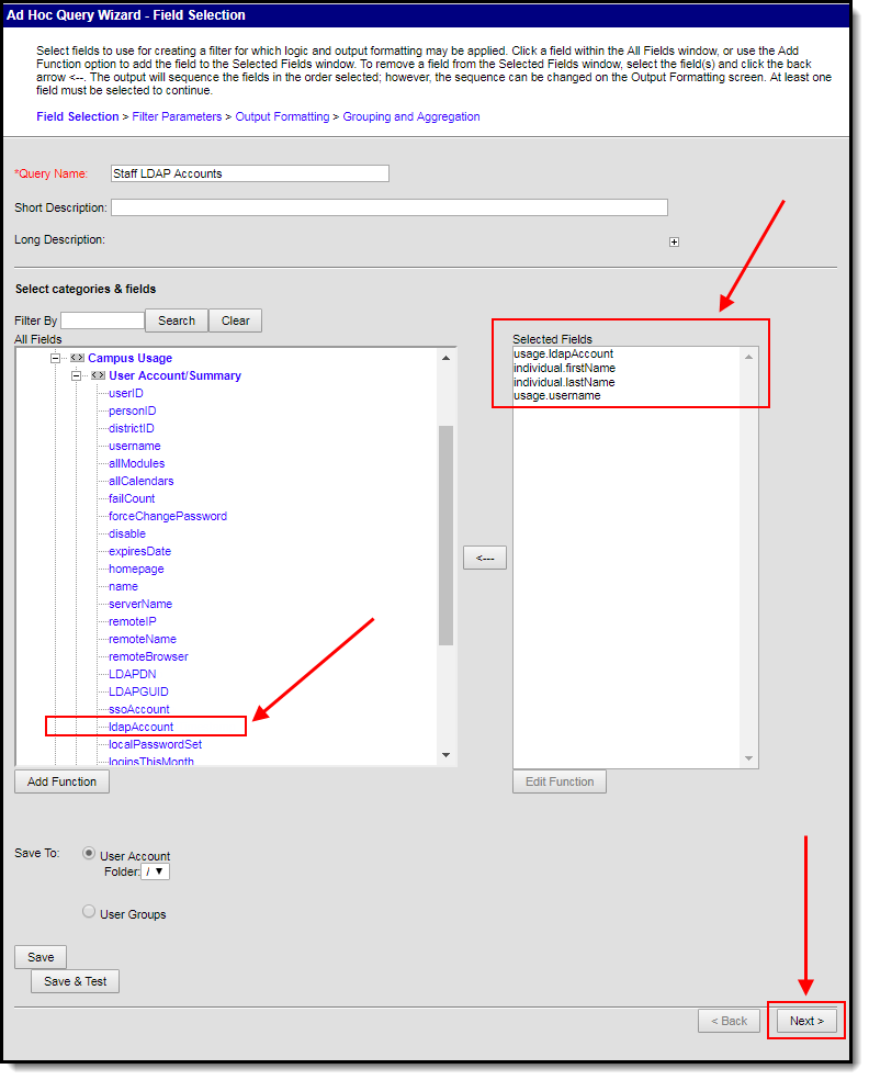screenshot of selecting fields for the query
