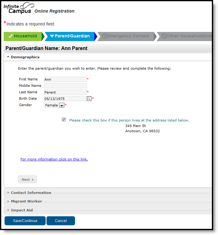 Screenshot of the Demographics fields when entering a new parent or guardian.