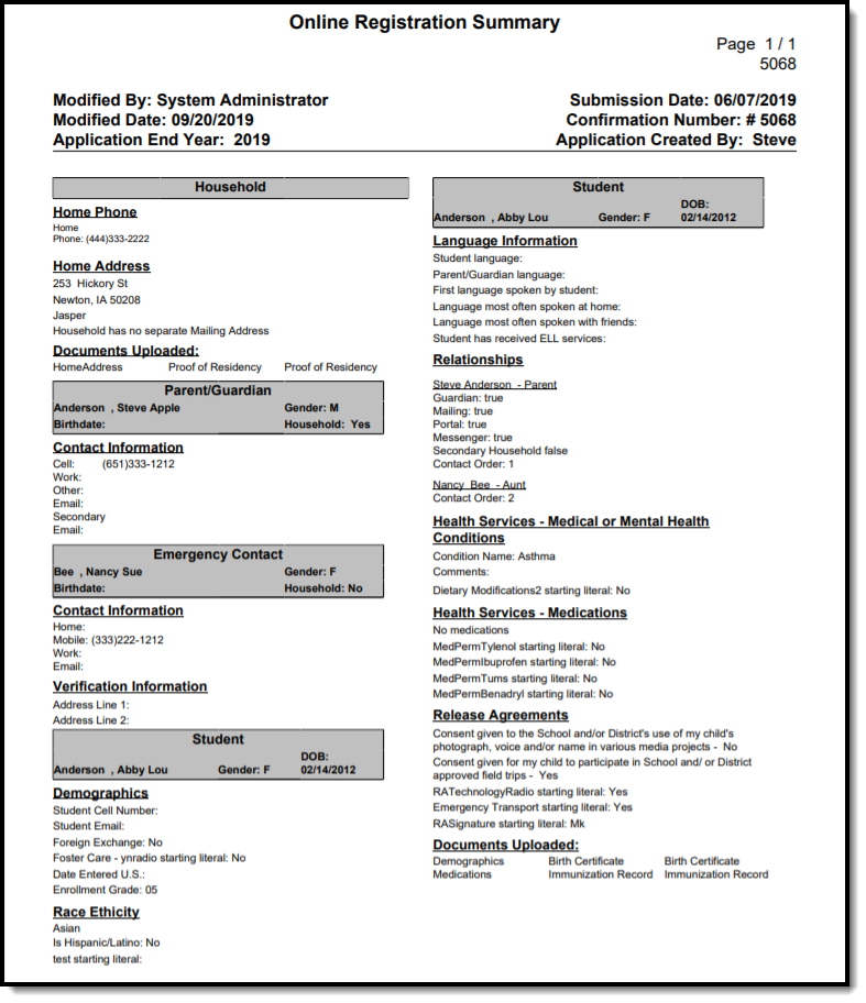Screenshot of Online Registration Summary Report