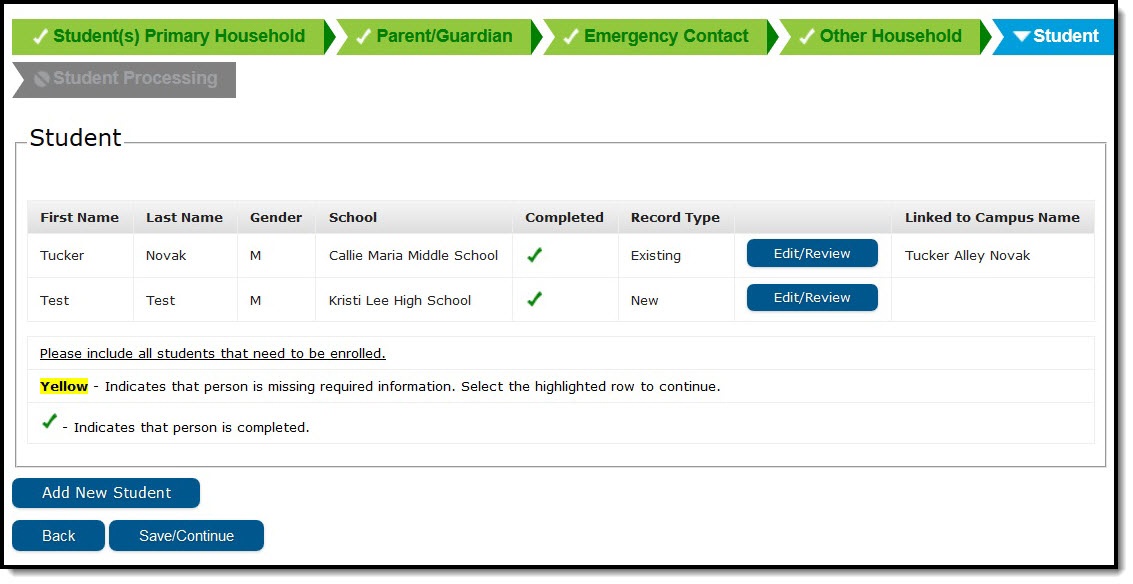 Image of the Student Information portion of an Online Registration application
