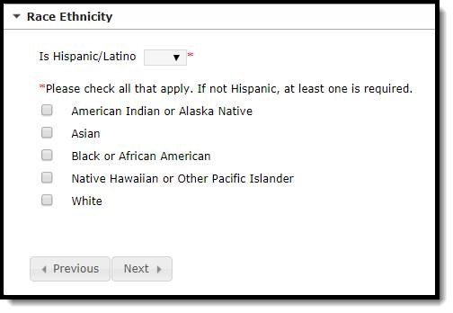 Screenshot of the Race Ethnicity fields on the Student Entry tab.