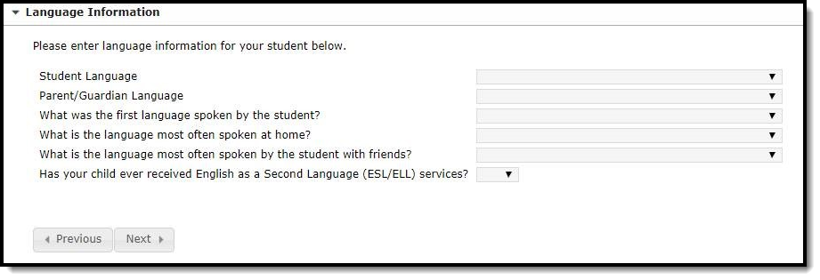 Screenshot of the Language Information fields on the Student Entry tab.