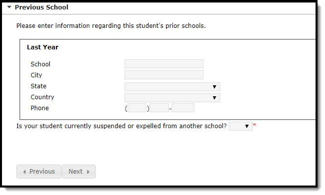 Screenshot of the Previous School fields on the Student Entry tab.