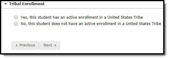 Screenshot of the Tribal Enrollment fields on the Student Entry tab.