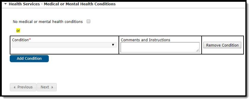 Screenshot of the Health Services – Medical or Mental Health Conditions fields on the Student Entry tab.