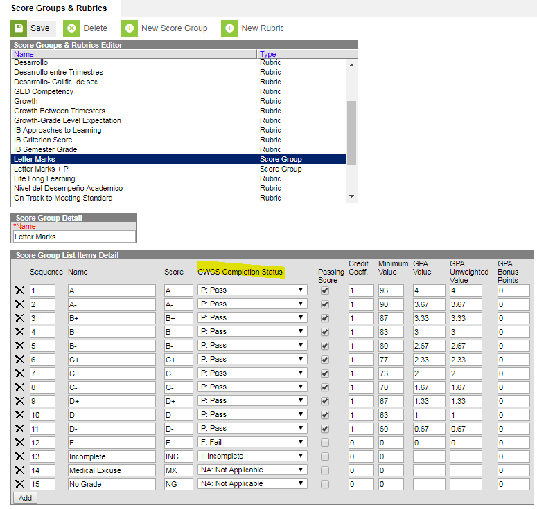 Screenshot of Score Groups and Rubrics.