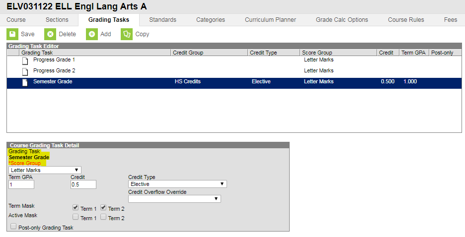 Screenshot of Course Grading Task Detail editor.