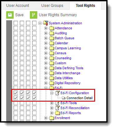 Screenshot of the Ed-Fi Configuration Tool Rights with the Ed-Fi Configuration section highlighted. 