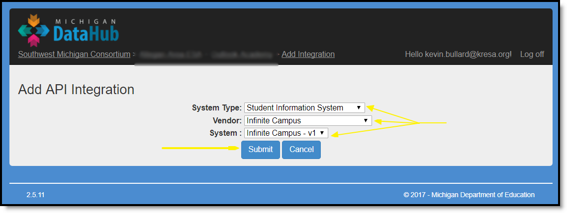 Screenshot of the Michigan DataHub website showing users where to submit API Integration.