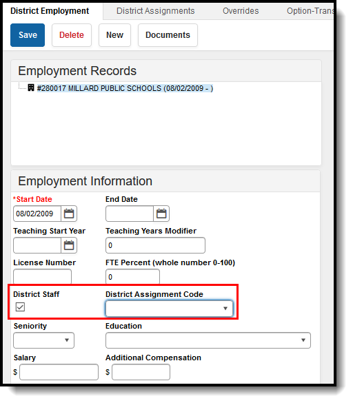 Screenshot of the District Employment tab with Assignment Code field highlighted.