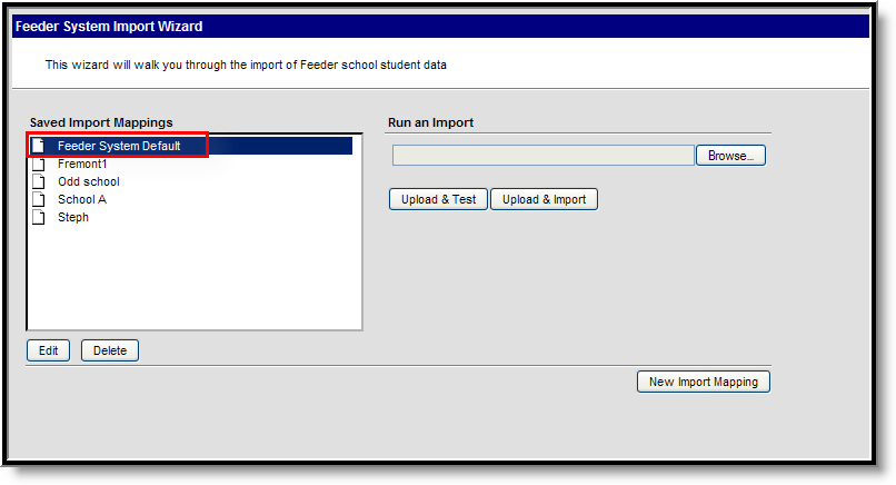 Screenshot of the Feeder Import Wizard; the Feeder System Default mapping is called out.
