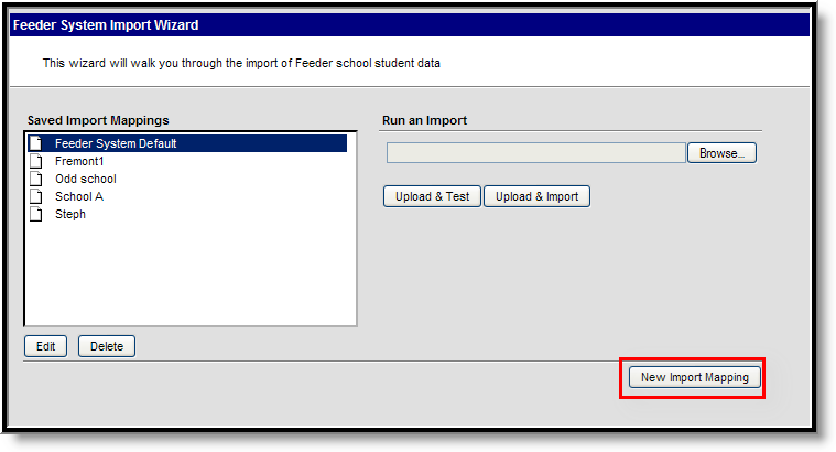 Screenshot of the Feeder Import Wizard, with a callout on the New Import Mapping button.
