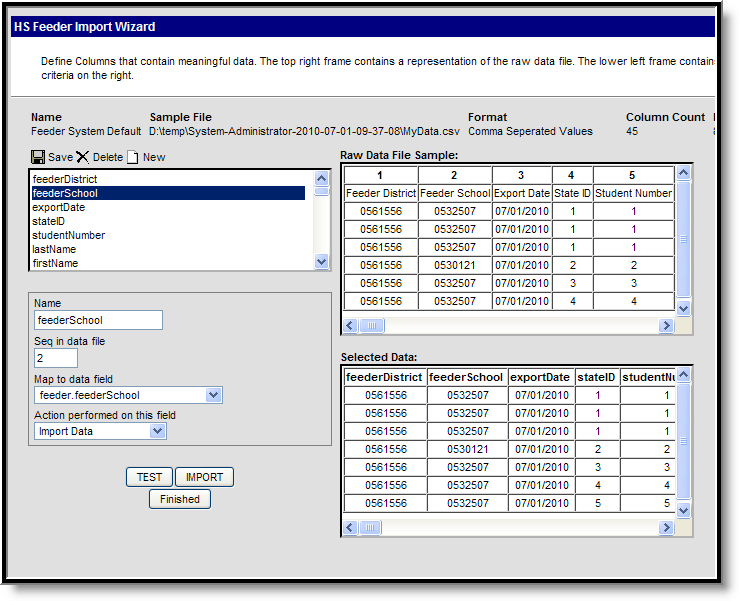 Screenshot of the Feeder Import Wizard showing the column mapping process.