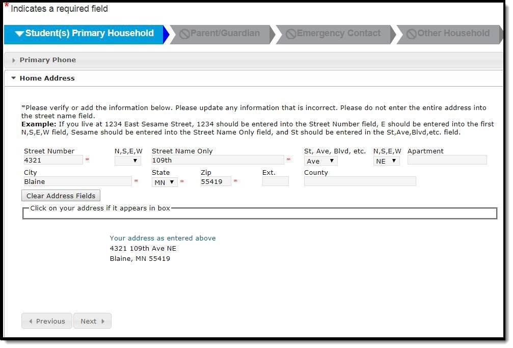 Screenshot of the Students Primary Household page. The fields for the Home Address are displayed.