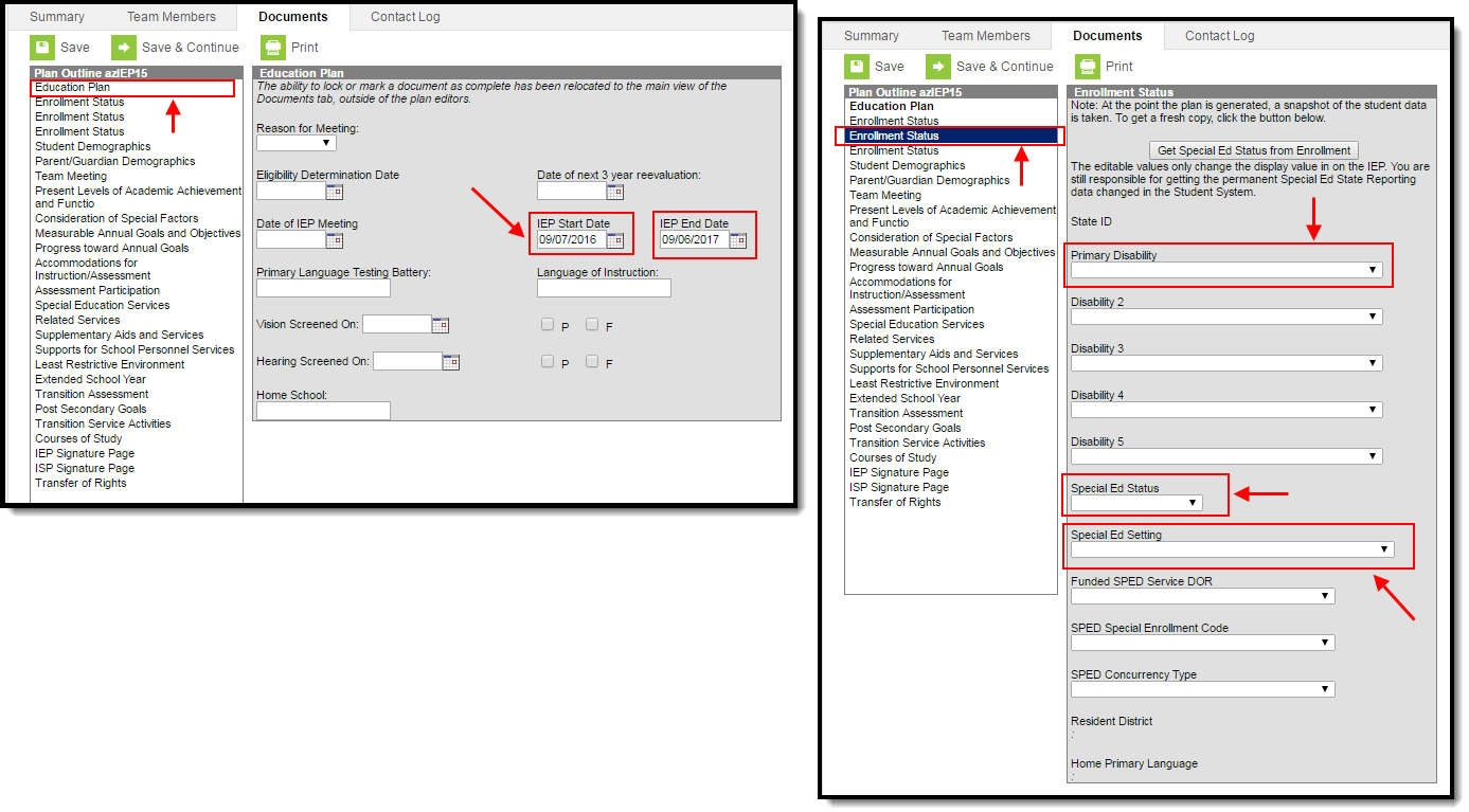 Screenshots of the Education Plan and Enrollment Status screens in the IEP