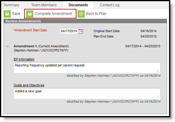 Screenshot of the Complete Amendment button on the documents page.
